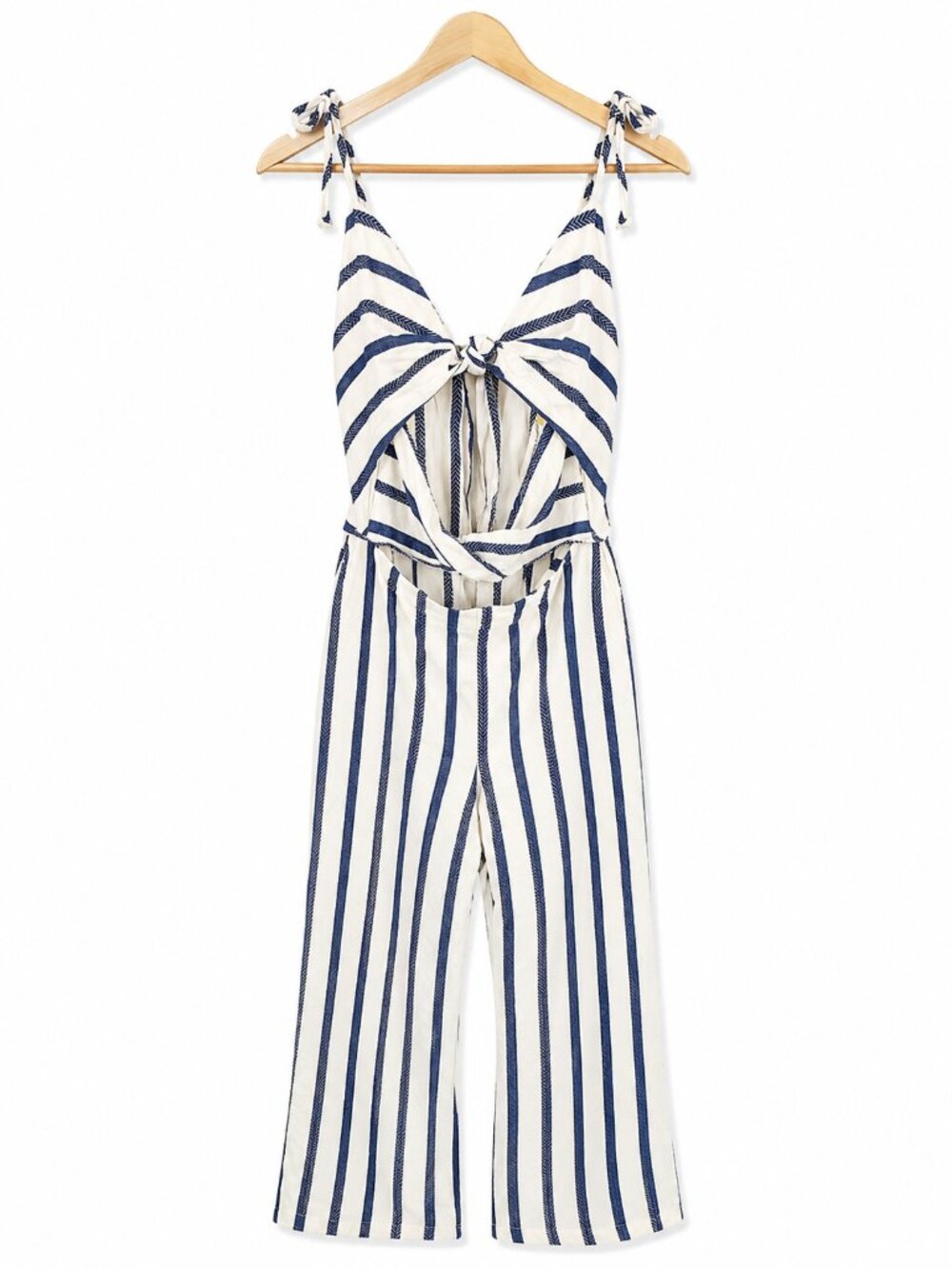 TJD Blue & White Striped Tie Front Wide Leg Jumpsuit